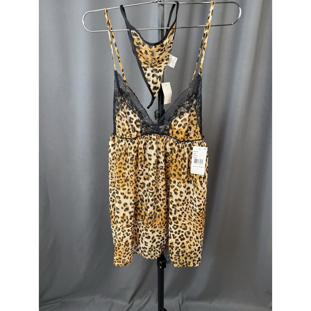 NEW In Bloom Babydoll G-String Set Women's Medium Leopard Print Sheer Black Lace